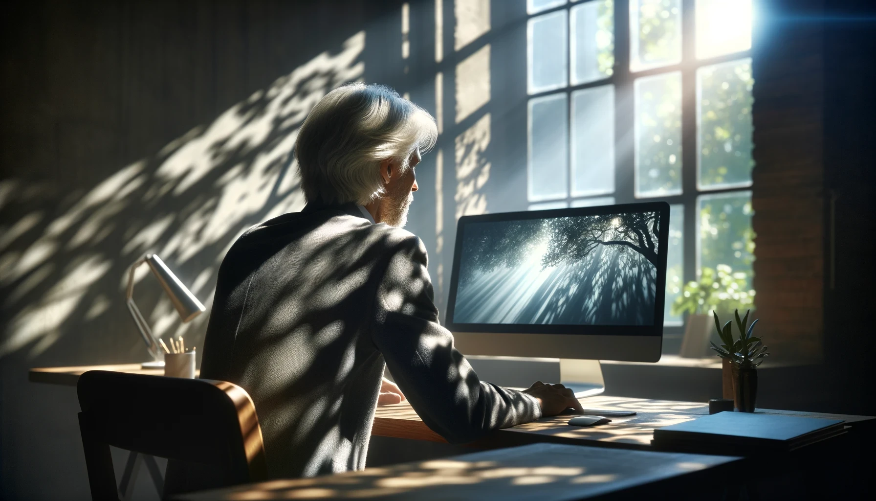 close-up of a dimly lit desktop and monitor, silver haired man typing, viewed from behind, sunlight from the side window, filtered through trees, f 1.2, --ar 16:9
